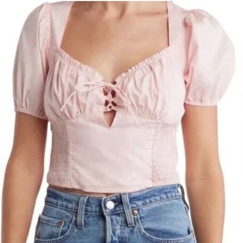 ASTR the Label Puff Sleeve Smocked Poplin Babydoll Blouse in‎ Blush Babydoll NWT
